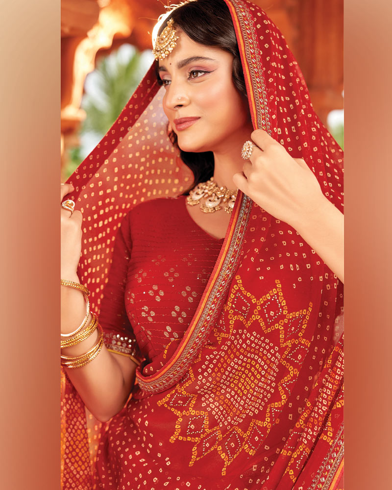 Vishal Prints Cornell Red Printed Georgette Traditional Print Saree With Diamond Work And Fancy Border