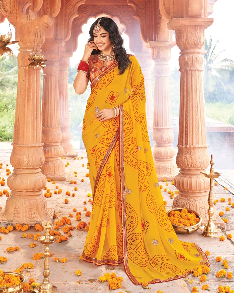 Vishal Prints Sunshade Yellow Printed Georgette Traditional Print Saree With Foil Print And Fancy Border