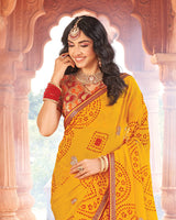 Vishal Prints Sunshade Yellow Printed Georgette Traditional Print Saree With Foil Print And Fancy Border