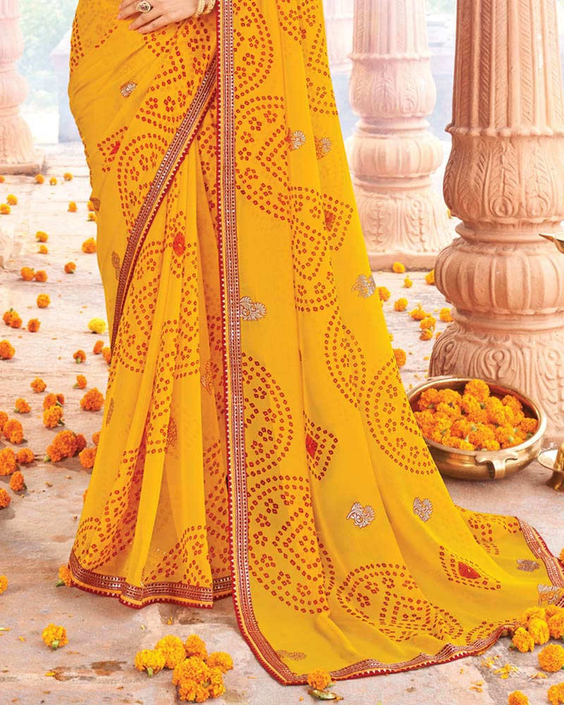 Vishal Prints Sunshade Yellow Printed Georgette Traditional Print Saree With Foil Print And Fancy Border
