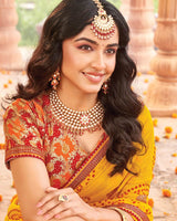 Vishal Prints Sunshade Yellow Printed Georgette Traditional Print Saree With Foil Print And Fancy Border