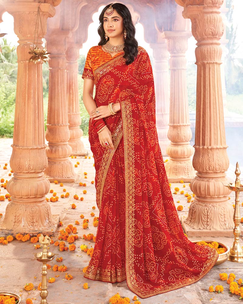 Vishal Prints Lava Red Printed Georgette Traditional Print Saree With Zari-Embroidery Fancy Border