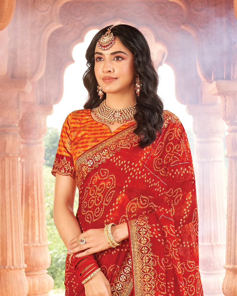 Vishal Prints Lava Red Printed Georgette Traditional Print Saree With Zari-Embroidery Fancy Border