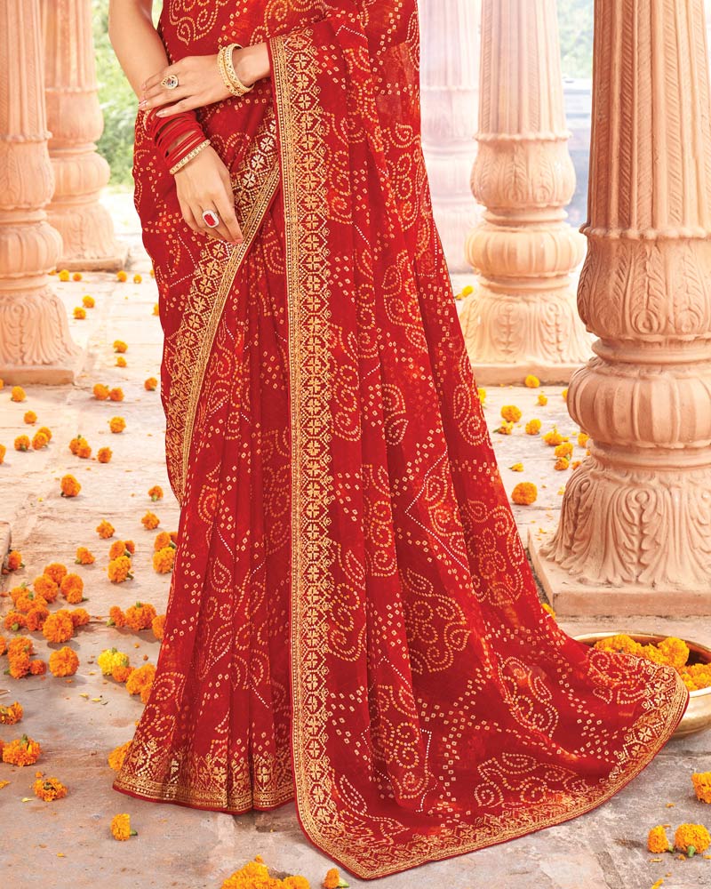 Vishal Prints Lava Red Printed Georgette Traditional Print Saree With Zari-Embroidery Fancy Border