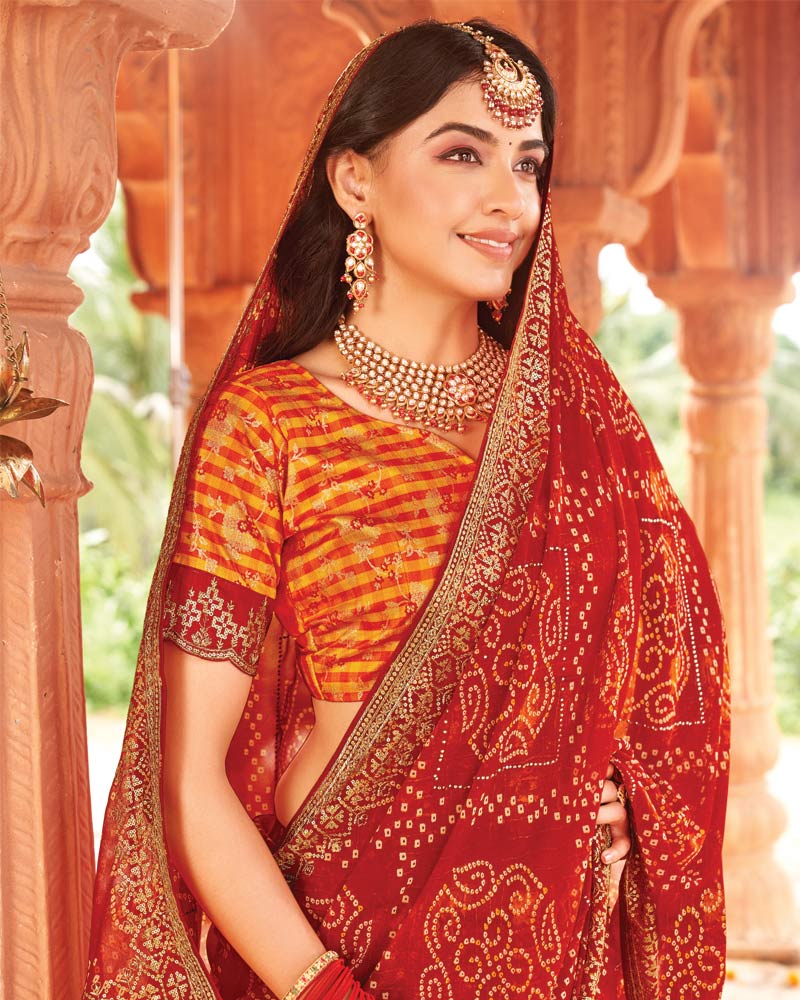 Vishal Prints Lava Red Printed Georgette Traditional Print Saree With Zari-Embroidery Fancy Border