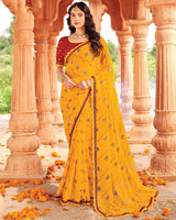 Vishal Prints Burnt Yellow Printed Georgette Traditional Print Saree With Fancy Cut Work Border