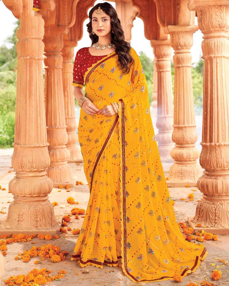 Vishal Prints Burnt Yellow Printed Georgette Traditional Print Saree With Fancy Cut Work Border