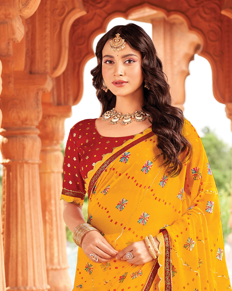 Vishal Prints Burnt Yellow Printed Georgette Traditional Print Saree With Fancy Cut Work Border