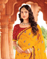 Vishal Prints Burnt Yellow Printed Georgette Traditional Print Saree With Fancy Cut Work Border