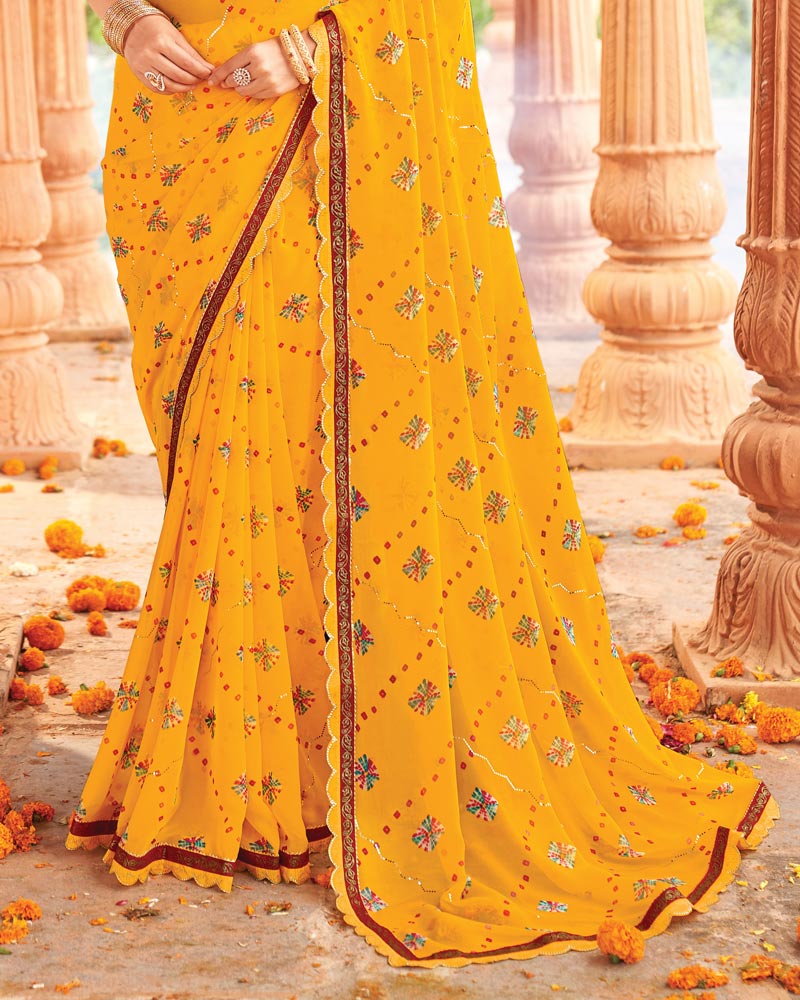 Vishal Prints Burnt Yellow Printed Georgette Traditional Print Saree With Fancy Cut Work Border
