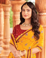 Vishal Prints Burnt Yellow Printed Georgette Traditional Print Saree With Fancy Cut Work Border