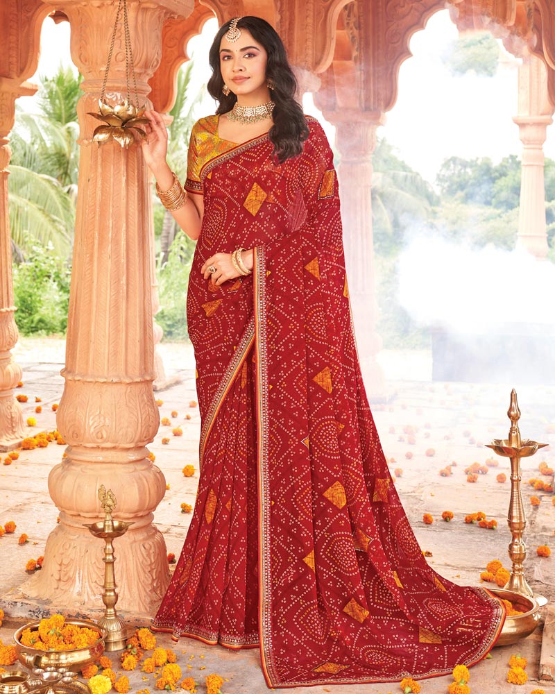 Vishal Prints Cardinal Red Printed Georgette Traditional Print Saree With Diamond Work And Fancy Border