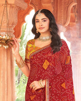 Vishal Prints Cardinal Red Printed Georgette Traditional Print Saree With Diamond Work And Fancy Border