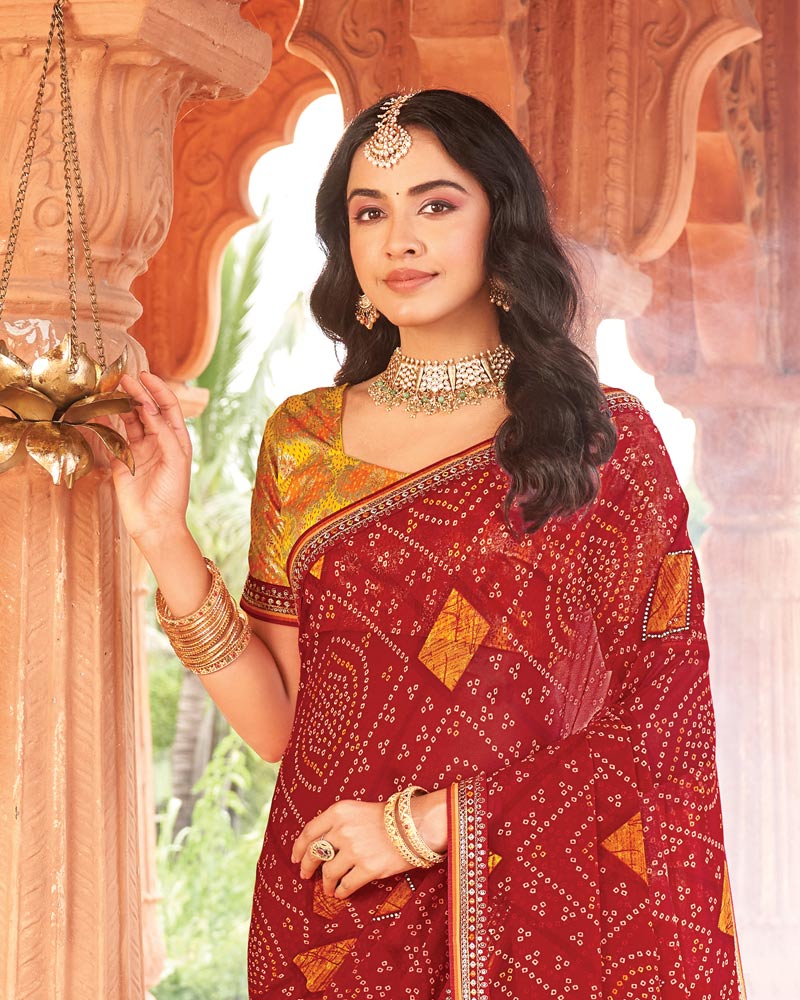 Vishal Prints Cardinal Red Printed Georgette Traditional Print Saree With Diamond Work And Fancy Border