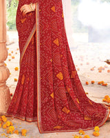 Vishal Prints Cardinal Red Printed Georgette Traditional Print Saree With Diamond Work And Fancy Border
