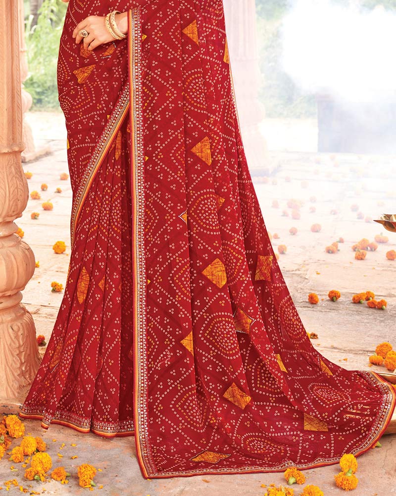 Vishal Prints Cardinal Red Printed Georgette Traditional Print Saree With Diamond Work And Fancy Border