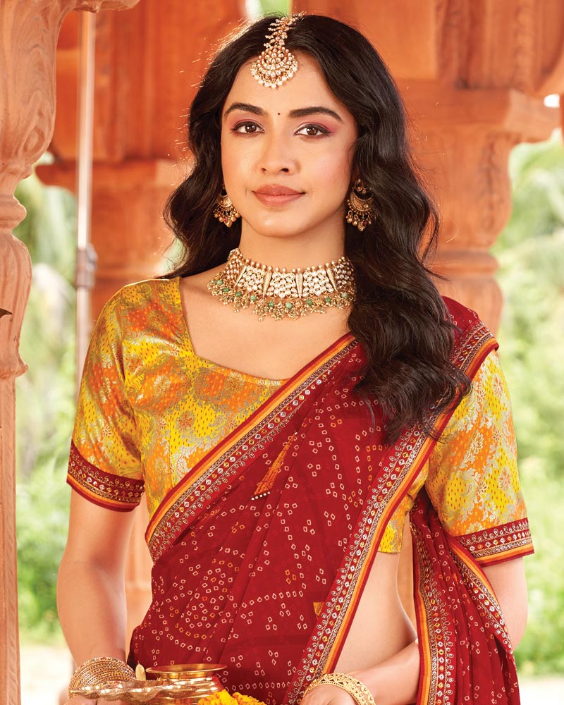 Vishal Prints Cardinal Red Printed Georgette Traditional Print Saree With Diamond Work And Fancy Border