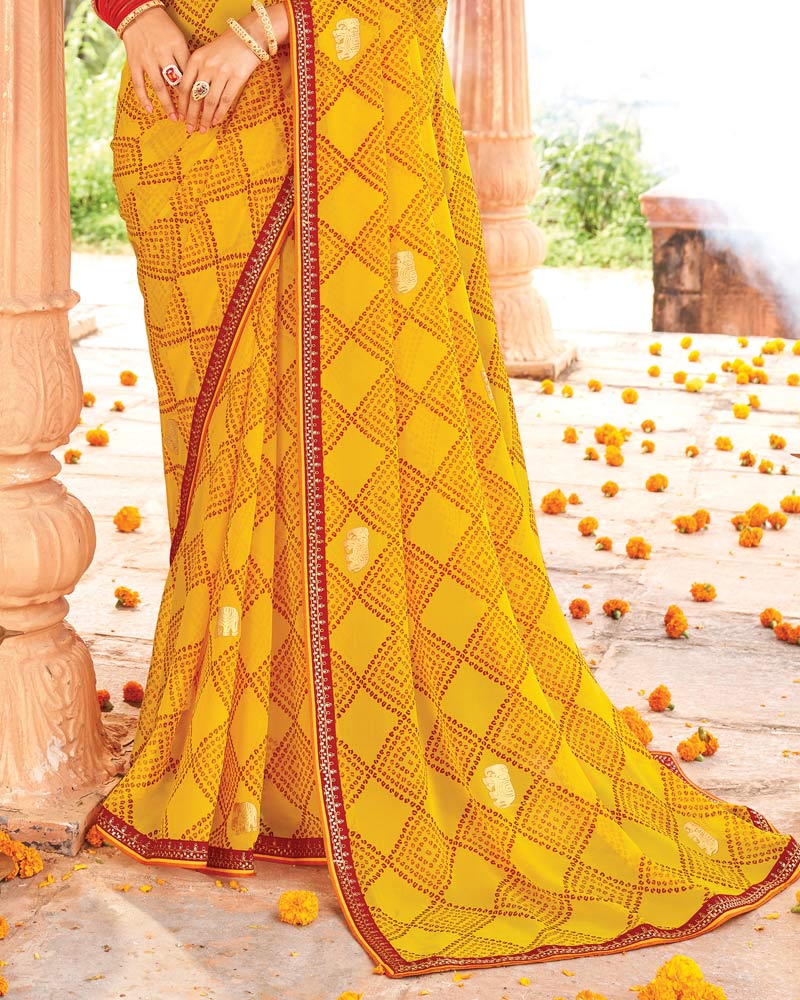 Vishal Prints Mustard Yellow Printed Georgette Traditional Print Saree With Foil Print And Fancy Border