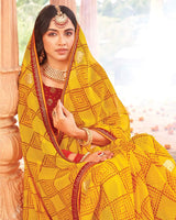 Vishal Prints Mustard Yellow Printed Georgette Traditional Print Saree With Foil Print And Fancy Border