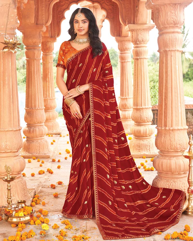 Vishal Prints Brick Red Printed Georgette Traditional Print Saree With Foil Print And Fancy Border