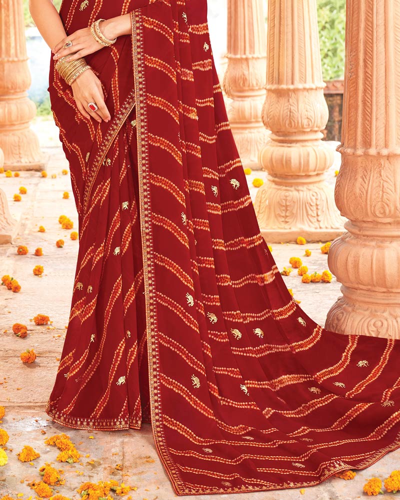 Vishal Prints Brick Red Printed Georgette Traditional Print Saree With Foil Print And Fancy Border