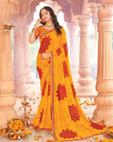 Vishal Prints Orangey Yellow Printed Georgette Traditional Print Saree With Diamond Work And Fancy Border