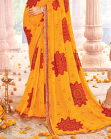 Vishal Prints Orangey Yellow Printed Georgette Traditional Print Saree With Diamond Work And Fancy Border