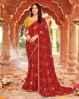Vishal Prints Shiraz Red Printed Georgette Traditional Print Saree With Foil Print And Fancy Border