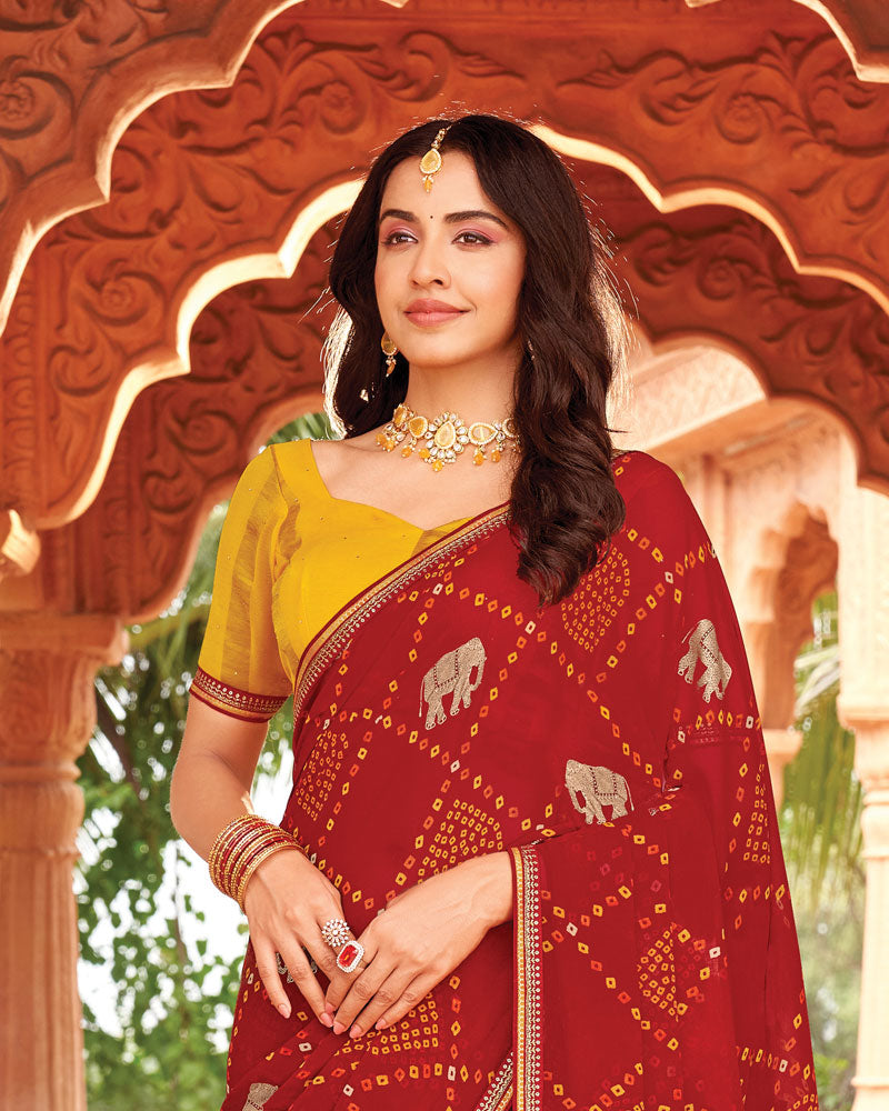 Vishal Prints Shiraz Red Printed Georgette Traditional Print Saree With Foil Print And Fancy Border