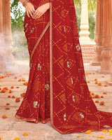 Vishal Prints Shiraz Red Printed Georgette Traditional Print Saree With Foil Print And Fancy Border