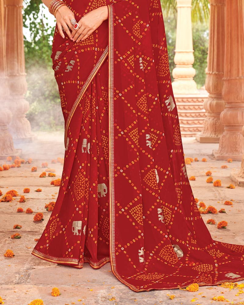 Vishal Prints Shiraz Red Printed Georgette Traditional Print Saree With Foil Print And Fancy Border