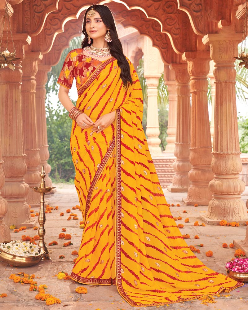 Vishal Prints Golden Yellow Printed Georgette Traditional Print Saree With Foil Print And Fancy Border