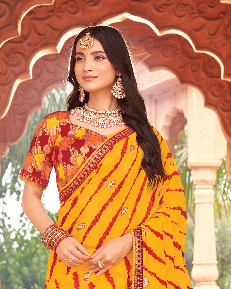 Vishal Prints Golden Yellow Printed Georgette Traditional Print Saree With Foil Print And Fancy Border