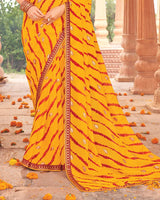 Vishal Prints Golden Yellow Printed Georgette Traditional Print Saree With Foil Print And Fancy Border