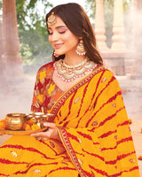 Vishal Prints Golden Yellow Printed Georgette Traditional Print Saree With Foil Print And Fancy Border