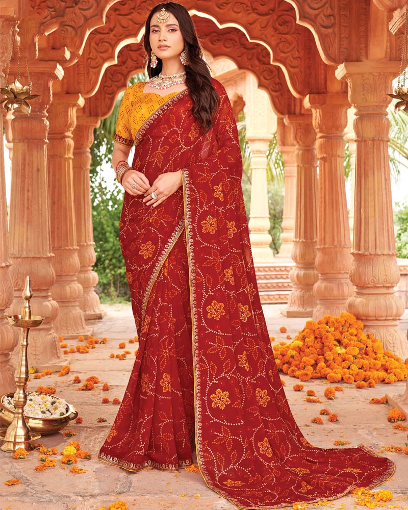 Vishal Prints Dark Red Printed Georgette Traditional Print Saree With Diamond Work And Fancy Border