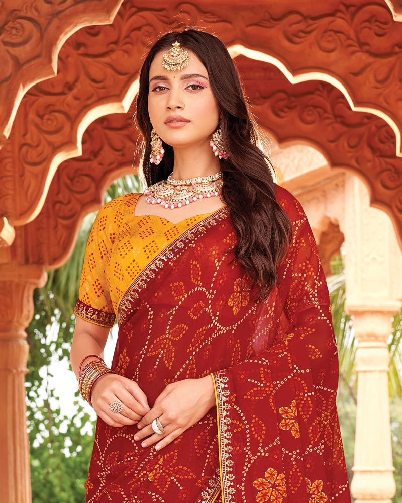 Vishal Prints Dark Red Printed Georgette Traditional Print Saree With Diamond Work And Fancy Border