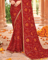Vishal Prints Dark Red Printed Georgette Traditional Print Saree With Diamond Work And Fancy Border