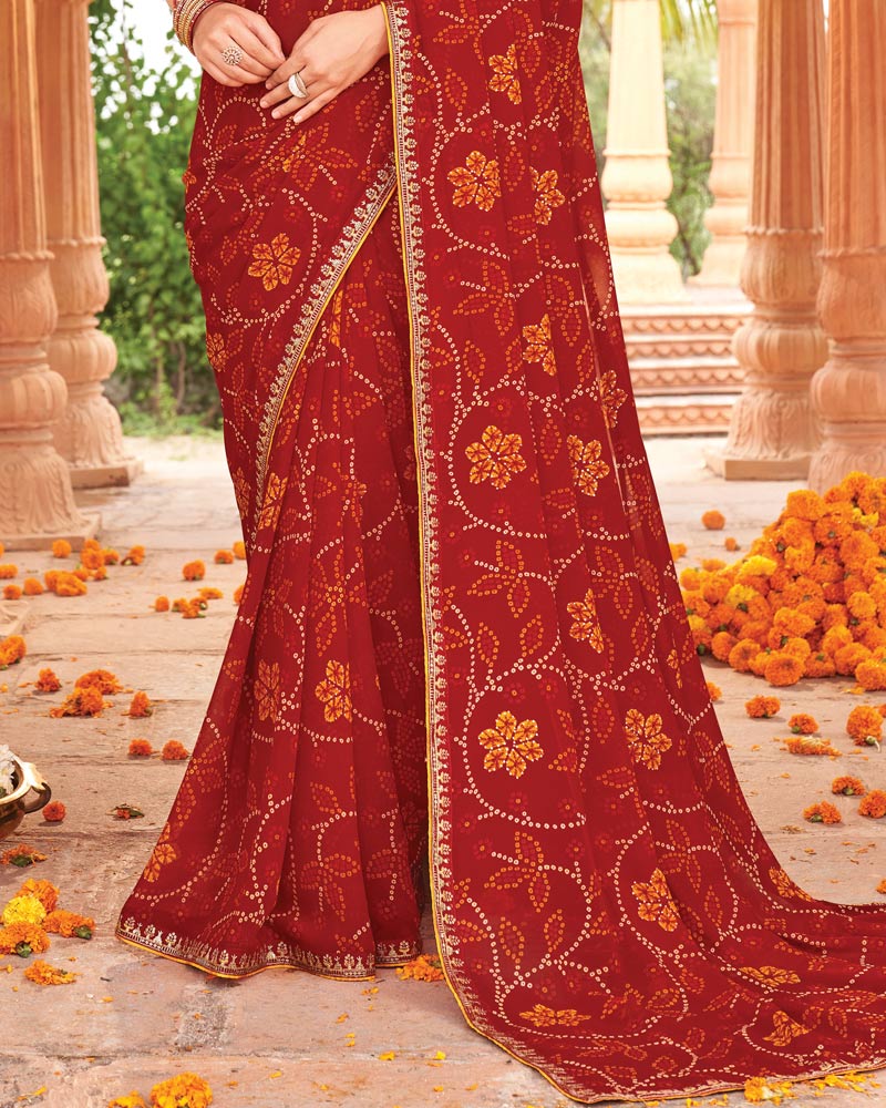 Vishal Prints Dark Red Printed Georgette Traditional Print Saree With Diamond Work And Fancy Border