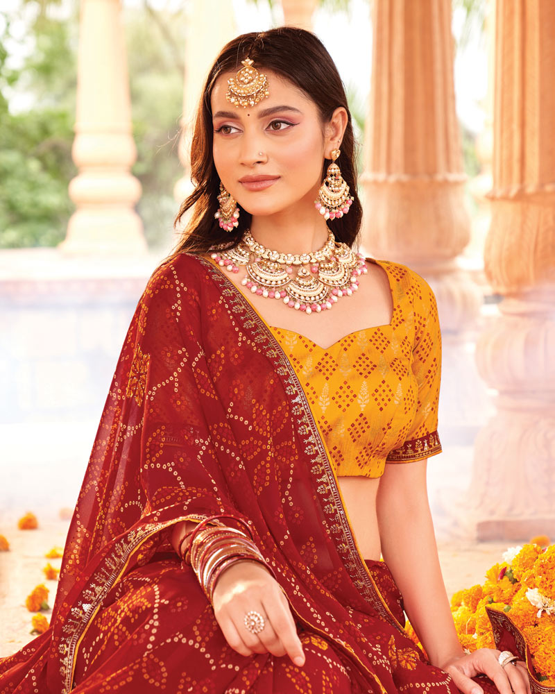 Vishal Prints Dark Red Printed Georgette Traditional Print Saree With Diamond Work And Fancy Border