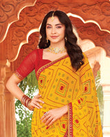 Vishal Prints Tulip Yellow Printed Georgette Traditional Print Saree With Diamond Work And Fancy Border