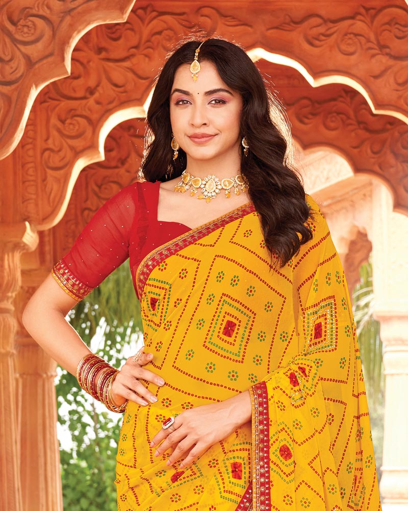 Vishal Prints Tulip Yellow Printed Georgette Traditional Print Saree With Diamond Work And Fancy Border