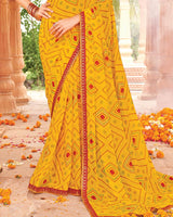 Vishal Prints Tulip Yellow Printed Georgette Traditional Print Saree With Diamond Work And Fancy Border