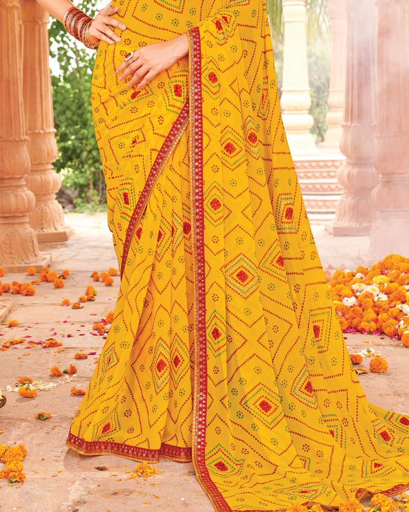 Vishal Prints Tulip Yellow Printed Georgette Traditional Print Saree With Diamond Work And Fancy Border