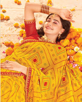 Vishal Prints Tulip Yellow Printed Georgette Traditional Print Saree With Diamond Work And Fancy Border