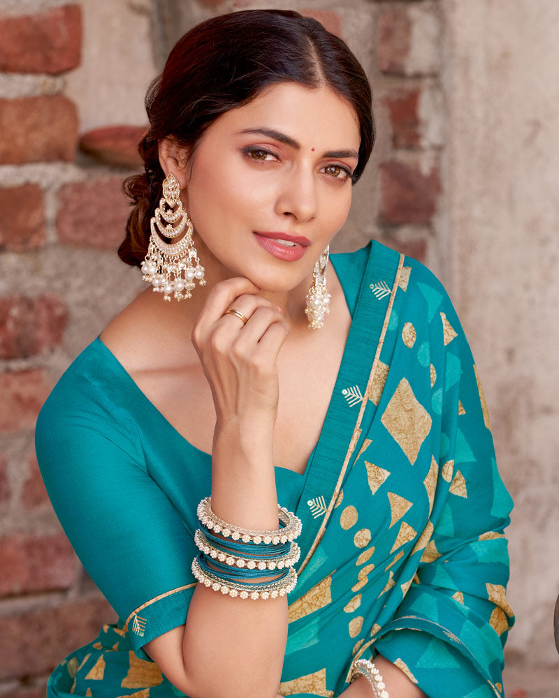 Vishal Prints Bondi Blue Printed Criva Crepe Saree With Fancy Border