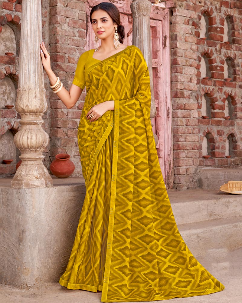 Vishal Prints Mustard Brown Printed Criva Crepe Saree With Fancy Border