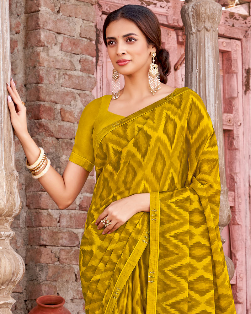Vishal Prints Mustard Brown Printed Criva Crepe Saree With Fancy Border