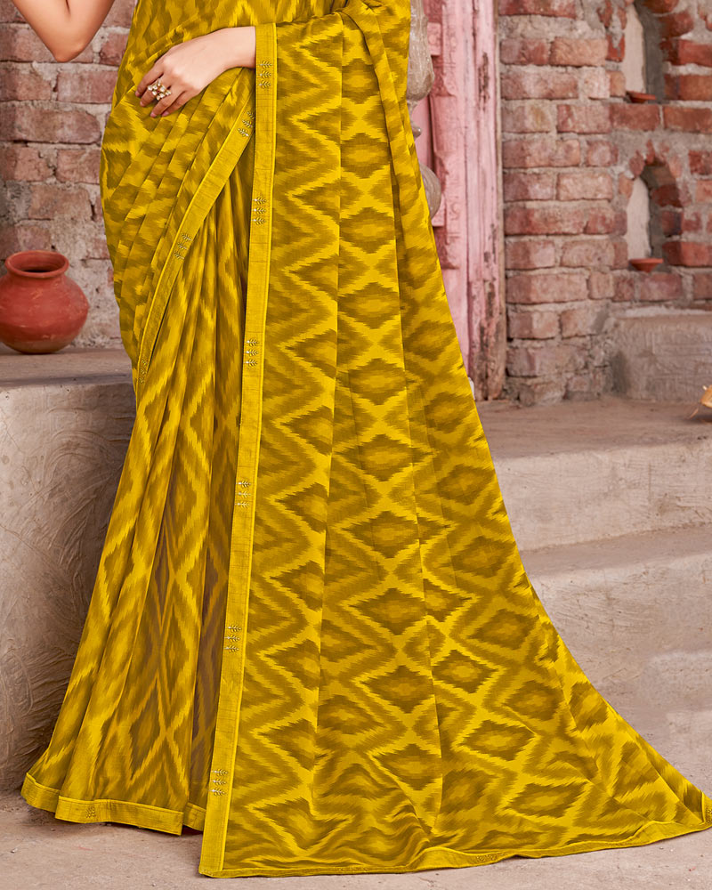 Vishal Prints Mustard Brown Printed Criva Crepe Saree With Fancy Border
