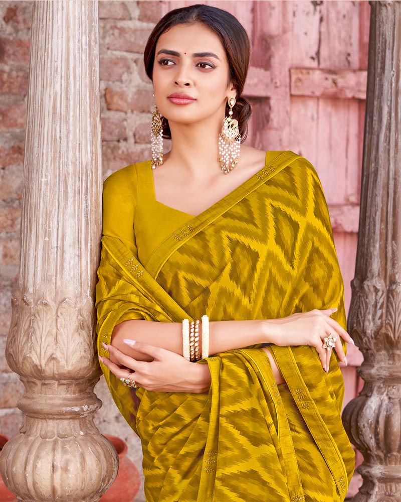 Vishal Prints Mustard Brown Printed Criva Crepe Saree With Fancy Border